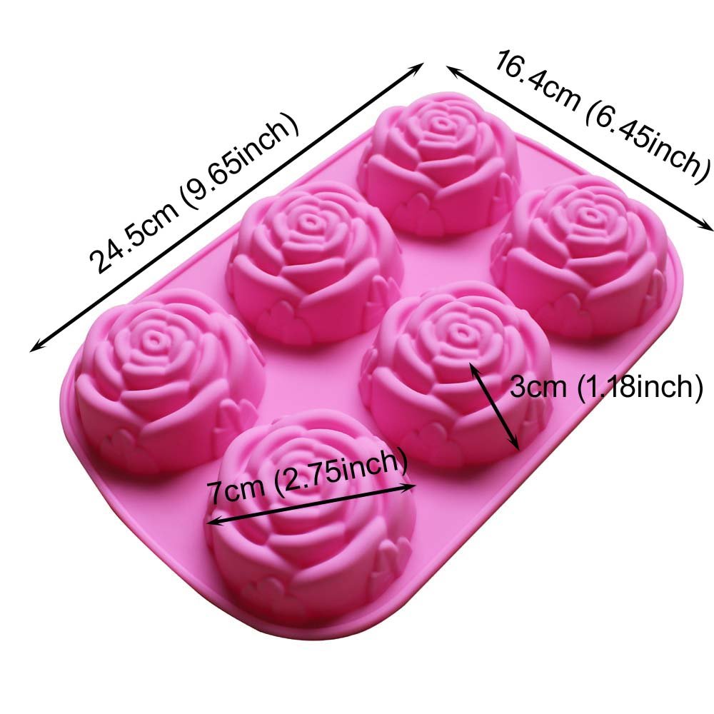 BAKER DEPOT Silicone Mold for Handmade Soap Cake Jelly Pudding Chocolate 6 Cavity Rose Flower Design, Set of 2 Pink