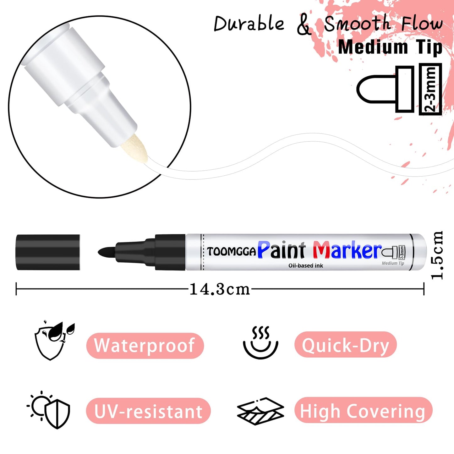 TOOMGGA White and Black Permanent Markers Paint Pens-2 Pack Oil Based Paint Markers, Medium Tip, Quick Drying Paint Pens for Wood, Metal, Rock Painting, Mugs, Fabric, Canvas, Clothes, Plastic Marking