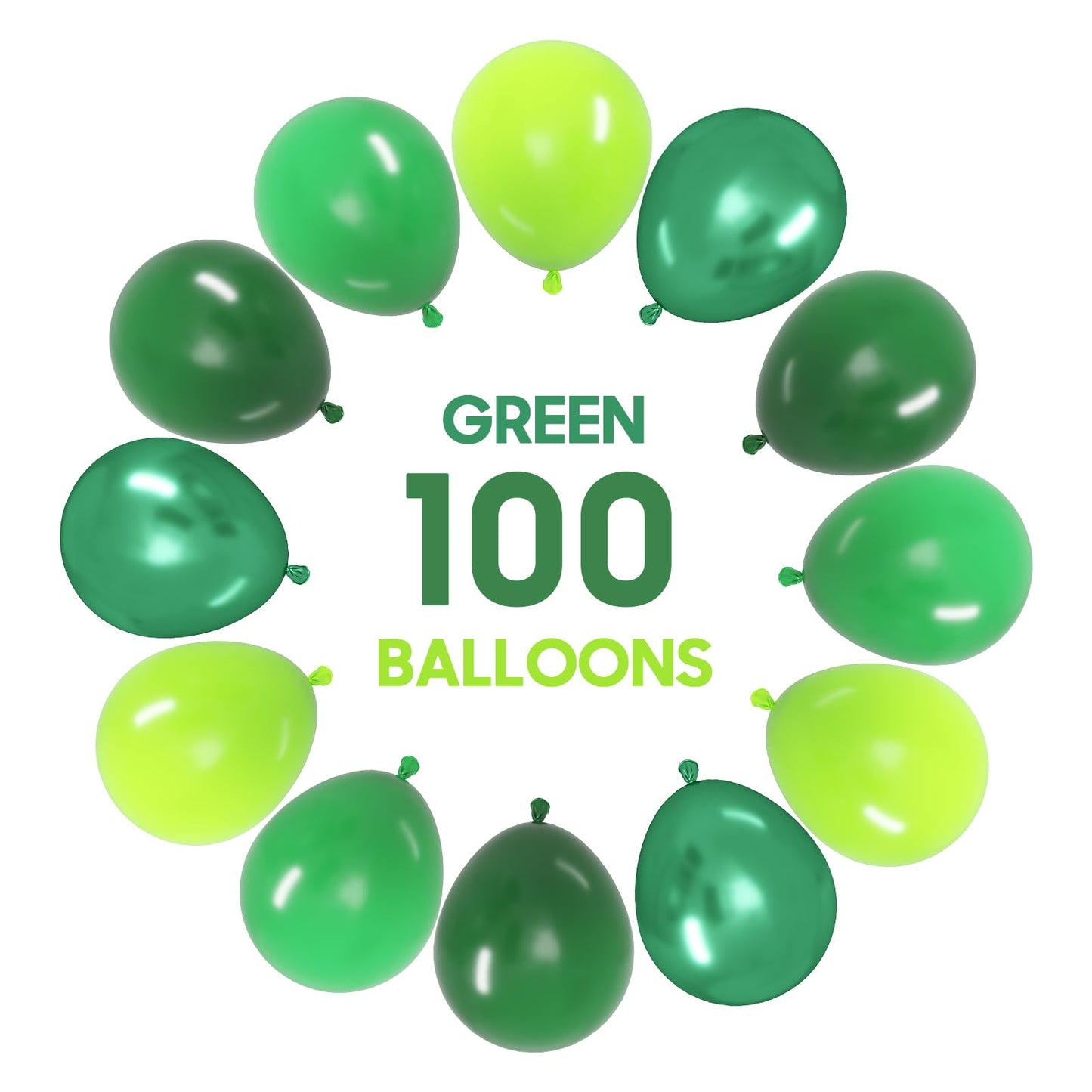 OWill 100pcs Green Balloons 12 Inches Different Shades Dark Green Emerald Green Lime Green Chrome Metallic Green Latex Balloons for Jungle Safari Party Supplies St. Patrick's Day Decoration