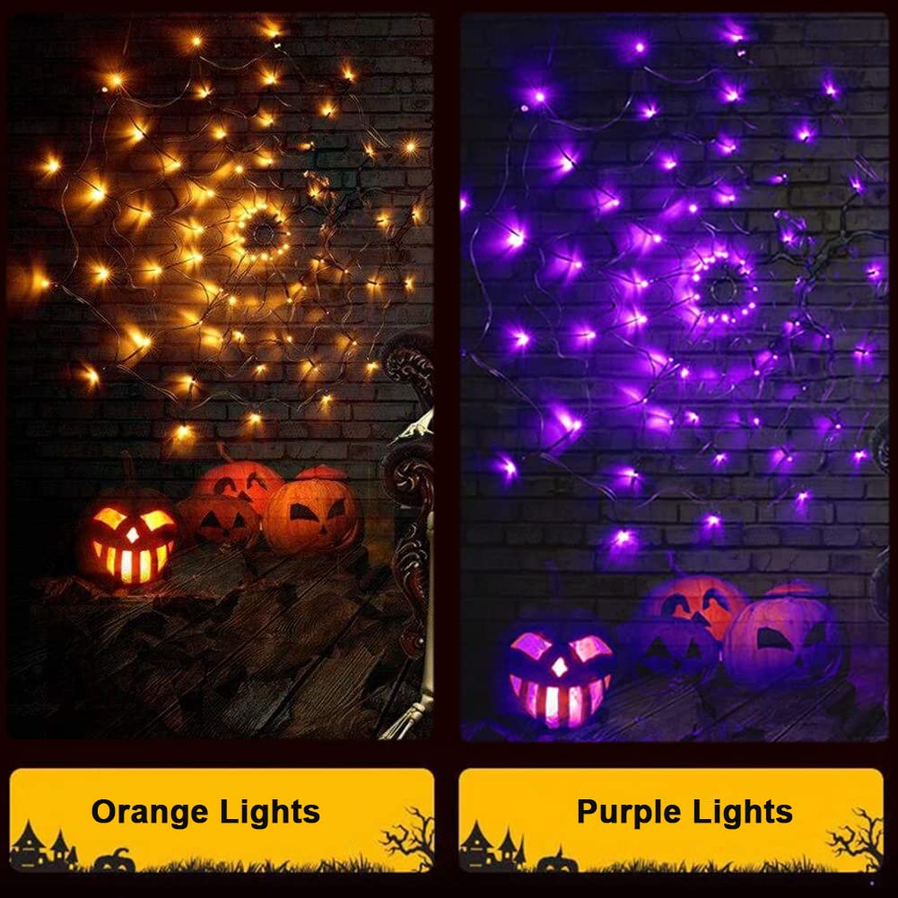 Halloween Decorations Spider Web Lights - 4FT Diameter 70 LED with Black Spider, Waterproof Net Lights, Remote Control, 8 Modes Cobweb Halloween Decorations for House Garden Indoor Outdoor (Purple)