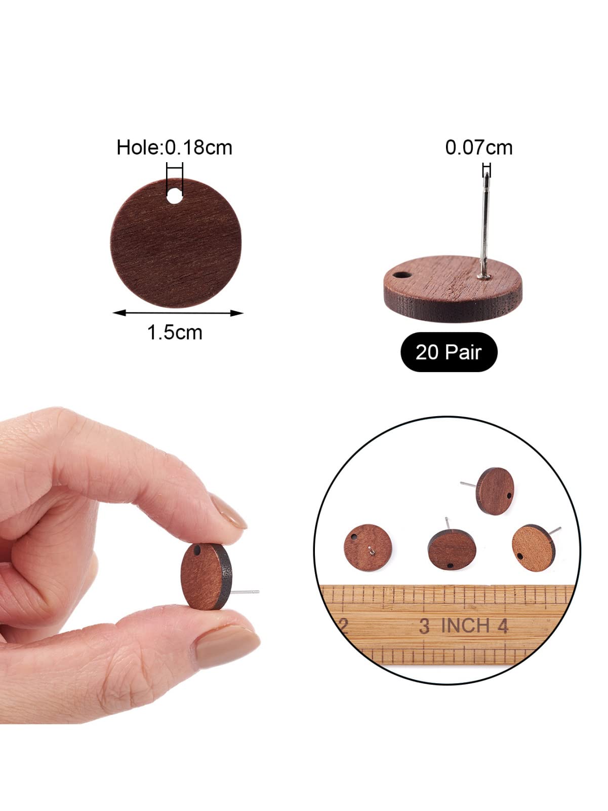 Pandahall 20 Pairs Walnut Wood Flat Round Shape Earring Findings 15mm Coconut Brown Dangle Stud Pendants with 304 Stainless Steel Pin for DIY Wooden Earrings Making