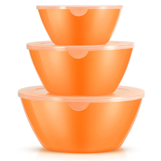 Wehome Mixing Bowls with Lids Set，Plastic Mixing Bowls for Kitchen Preparing，Serving and Storing，Set of 3-Includes 3 Bowls and 3 Lids，BPA-FREE Neat Nesting Bowls with Sealing Lids (Orange)