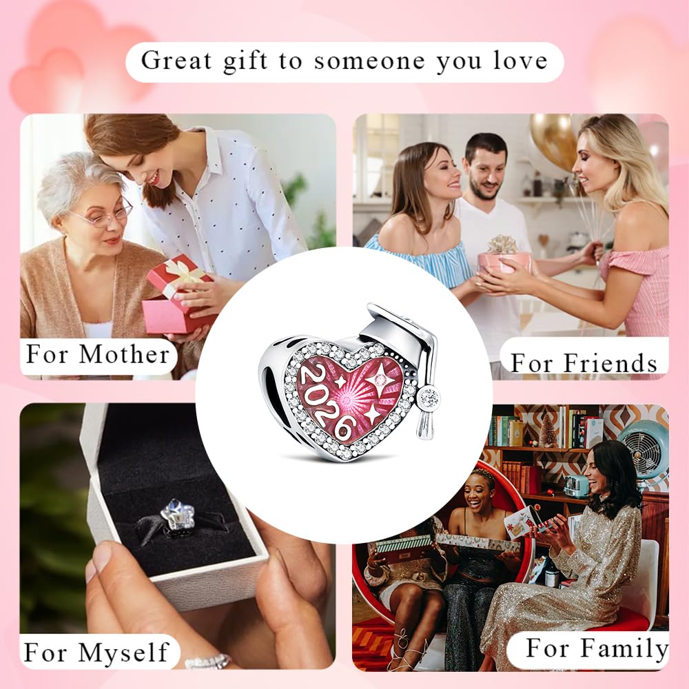 KEQ 2026 Graduation Cap Charms for Pandora Bracelets Necklace 925 Sterling Silver Bead for Daughter Granddaughter Graduation Pedant with 5A Cubic BBF Christmas Gift (Pink)