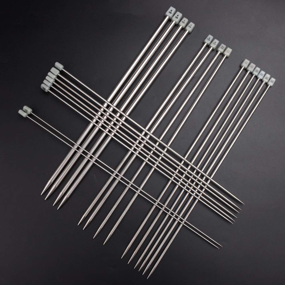 BCMRUN Knitting Needle Set, 22PCS 2mm(B)-8mm(L) Straight Single Pointed Stainless Steel Sweater Needles Set(11Pair-11 Size,9.8 inch) with Locking Stitch Makers Large-Eye Needles Measure Tape (36CM)