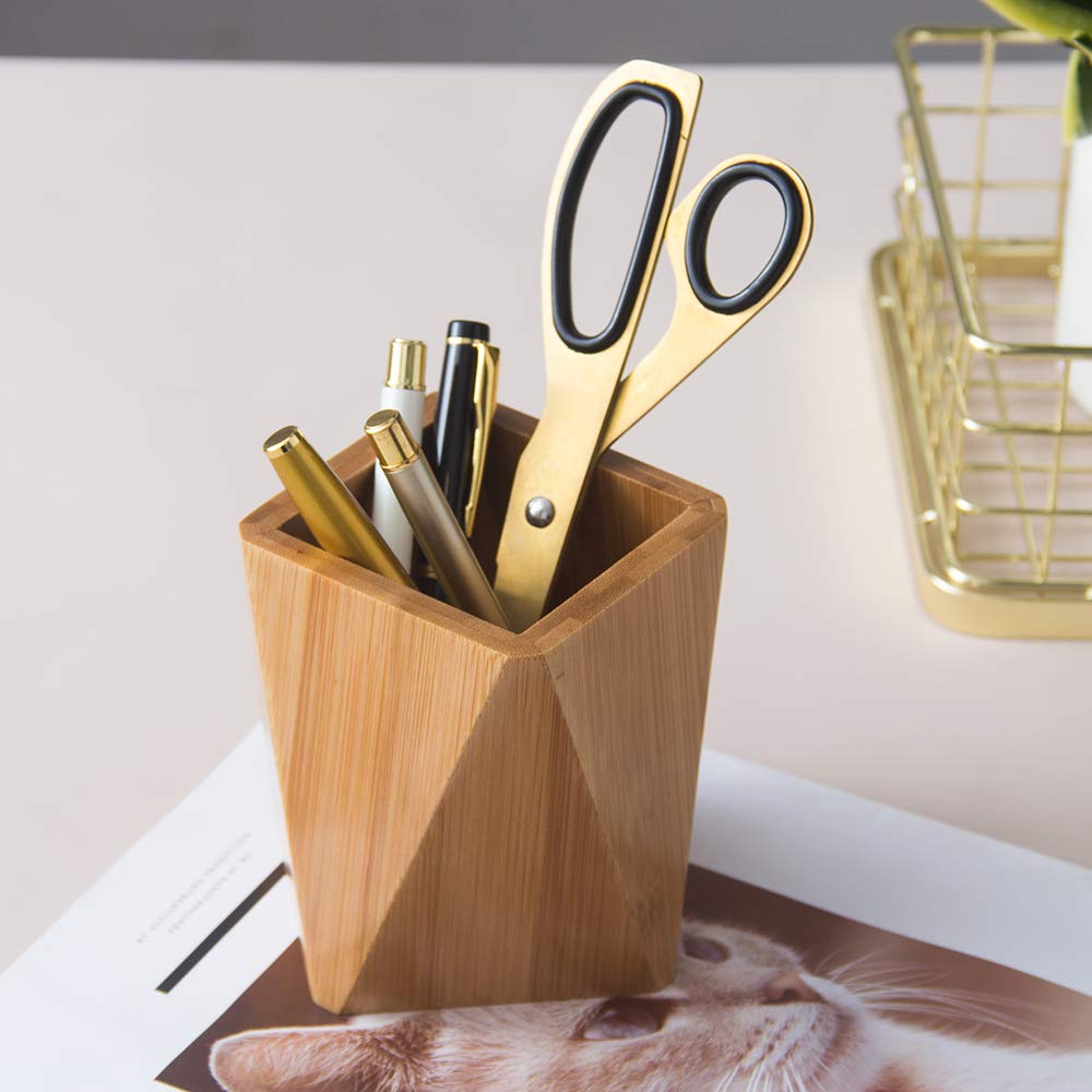Bamboo Wood Pen Holder Stand for Desk Geometric Pencil Cup Pot Cute Desktop Office Supplies, Makeup Brushes Organizer (Bamboo)