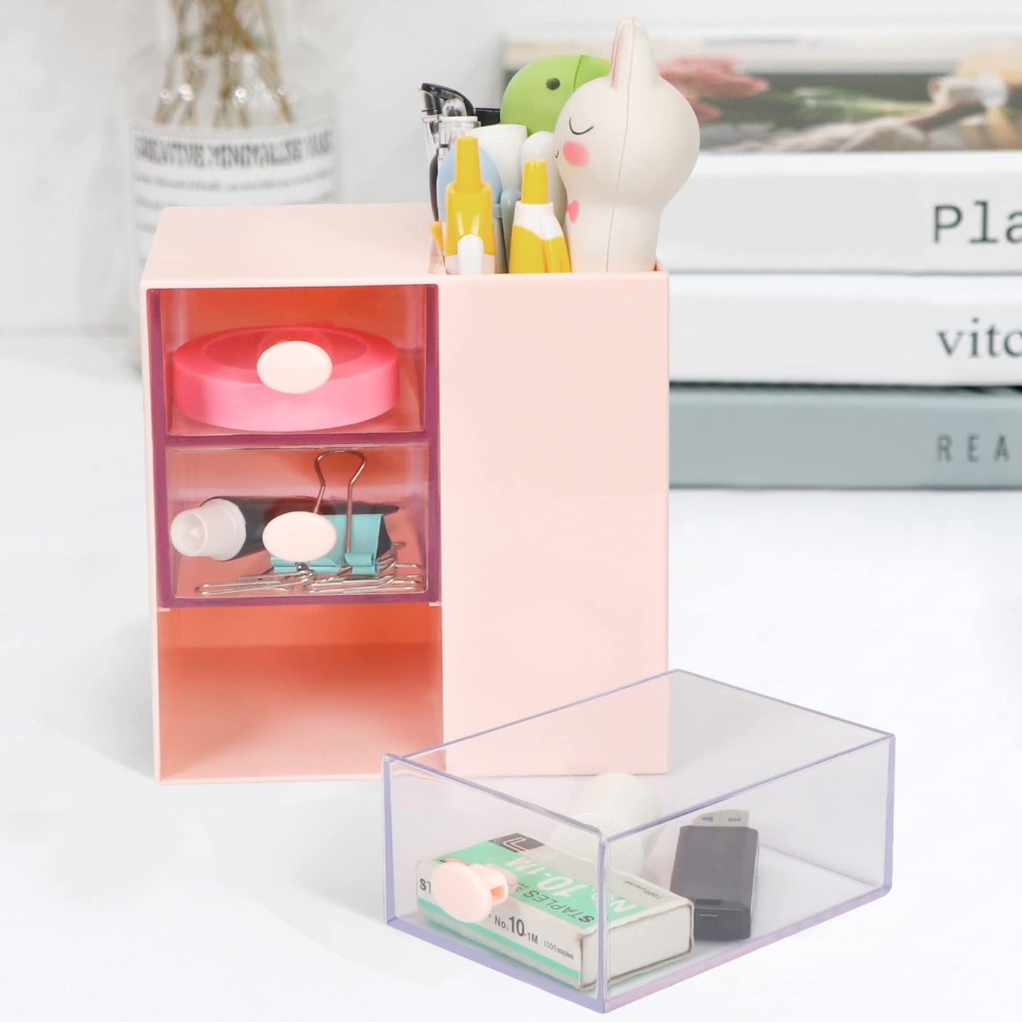Toplive Desk Pencil Pen Holder, Office Desk Organizers Desktop Storage Pen Organizers with 3 Independent Drawers Stationery Supplies for Office,School,Home,Pink
