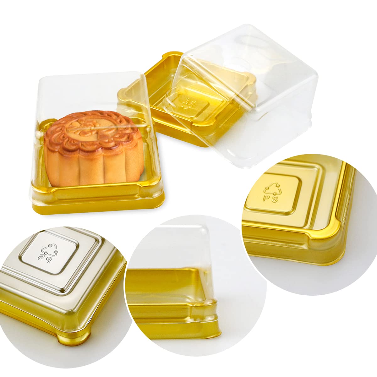Pralb 100 Set 2.24"L x 2.24"W x 1.57"H Clear Plastic Mini Cupcake Boxes Muffin Pod Dome Muffin Single Container Box Wedding Birthday Gifts Supplies for Cheese Pastry Dessert Mooncake (square, gold)