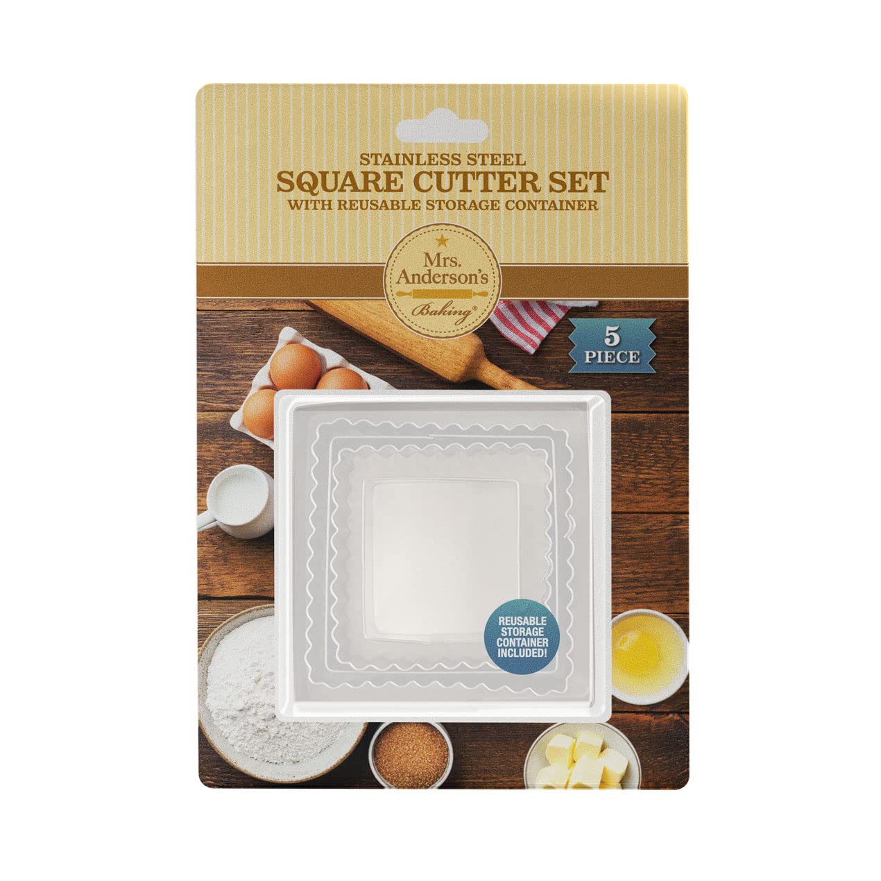Mrs. Anderson’s Baking Cookie Fondant Cutters, Graduated Squares, Stainless Steel, 5-Piece Set with Storage Container