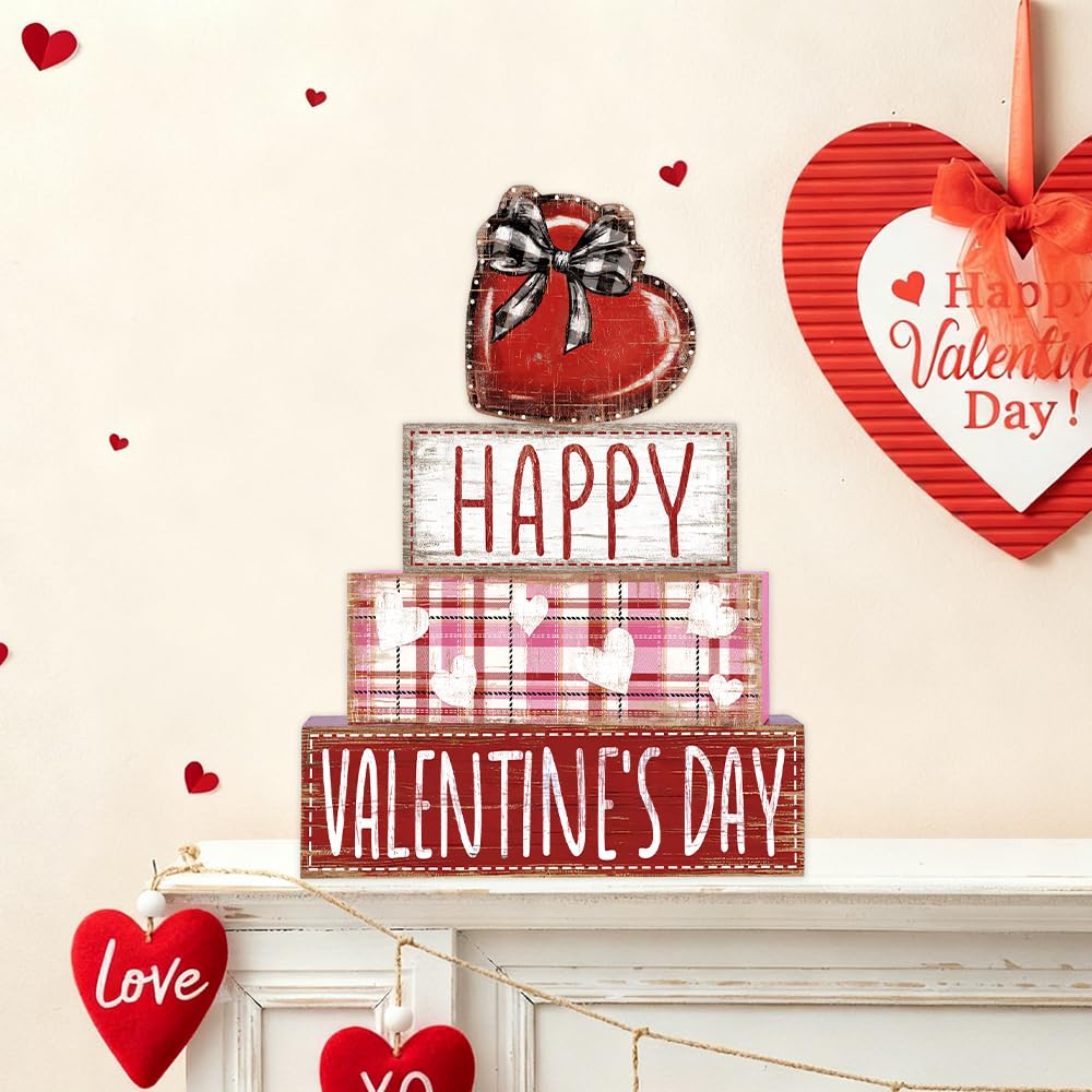 4Pcs Valentine's Day Table Decoration Valentine Heart Wooden Block Signs Rustic Valentines Tiered Tray Decor Happy Valentine's Day Centerpiece Sign for Farmhouse Holiday Tabletop Party Decor