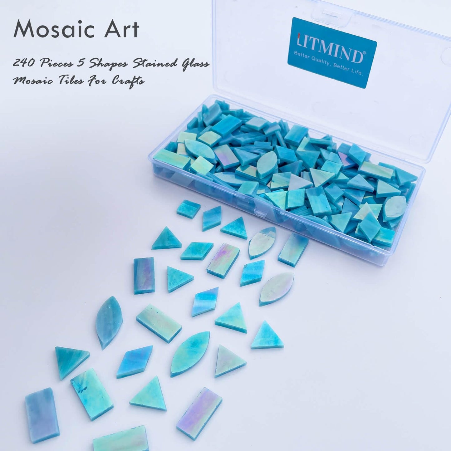 LITMIND Iridescent SkyBlue Stained Glass Mosaic Tiles for Crafts - 240 Pieces, 5 Shapes Mixed (Rectangle, Triangle, Rhombus, Square, Leaf) - Ideal for Mosaic Making Projects and Beginners