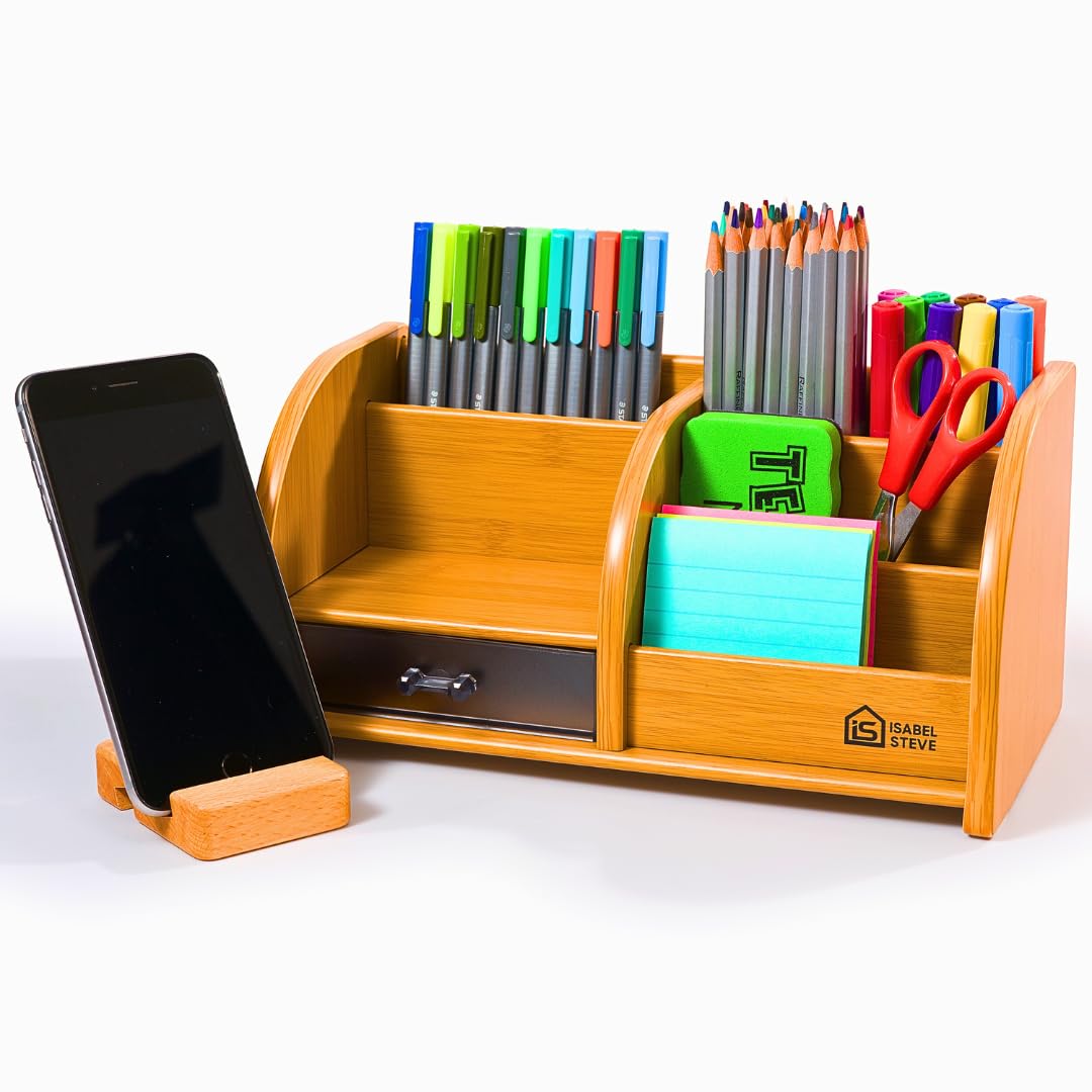 Desktop Organizer with Double-Slot Cell Phone Holder, Wooden Multifunctional Desk Storage Box with Drawer for Work from Home Office Supplies, Students, Desk Accessories, Phone Stand, Charging Station