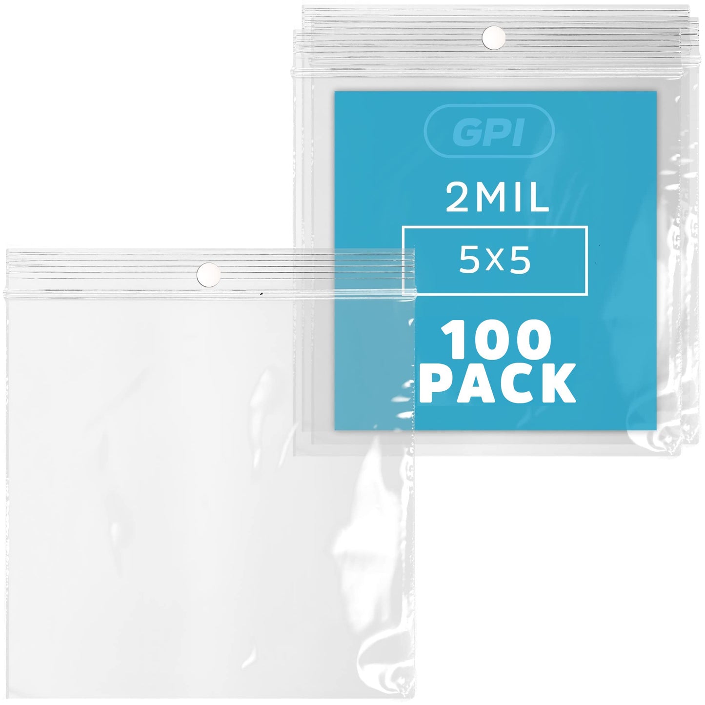 GPI - 5" x 5" - Bulk Pack 100, 2 Mil Thick, Clear Plastic Reclosable Zip Bags, Hang Hole for Display, Durable Poly Baggies with Resealable Zip Top Lock for Storage, Packaging & Shipping