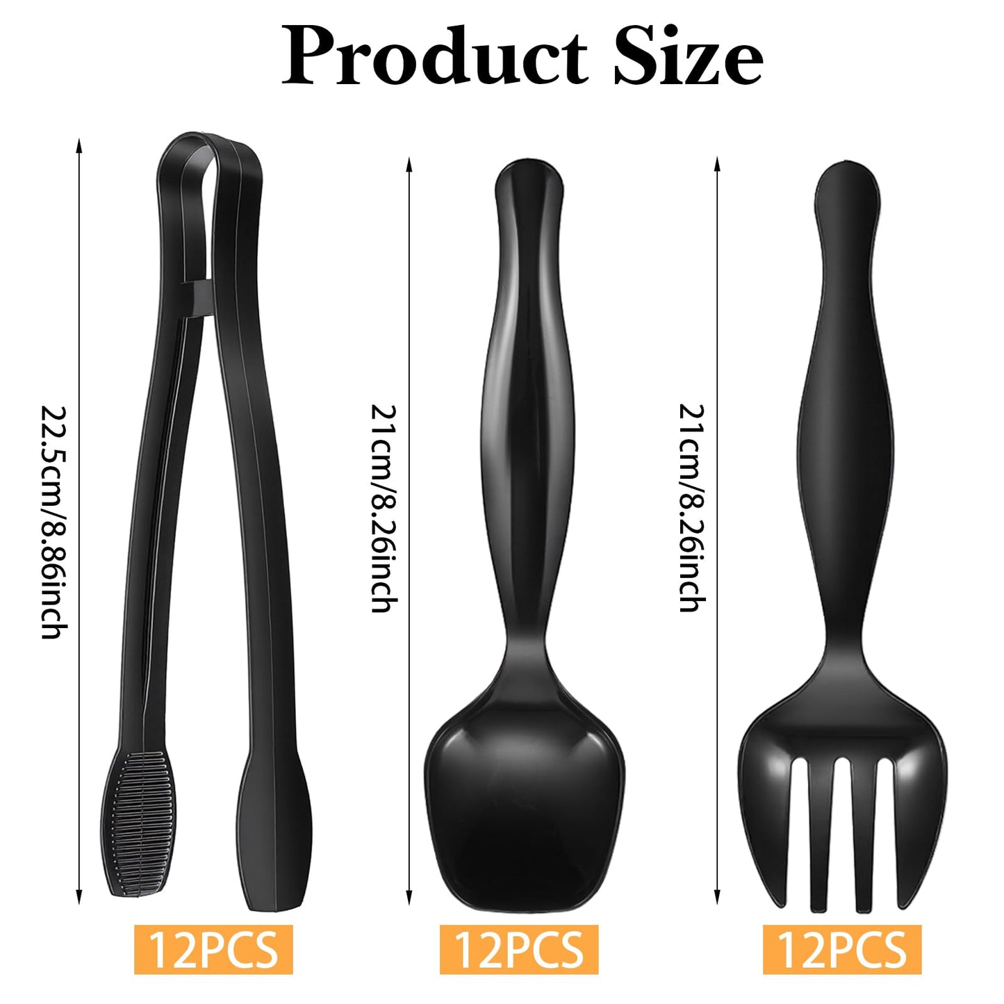 36 Pcs Disposable Serving Utensils Set, Black Plastic Utensils Including 8.3 Inch Spoons 8.5 Inches Forks 9 Inch Tongs for Buffet, Party, Restaurant, Weddings, Picnic