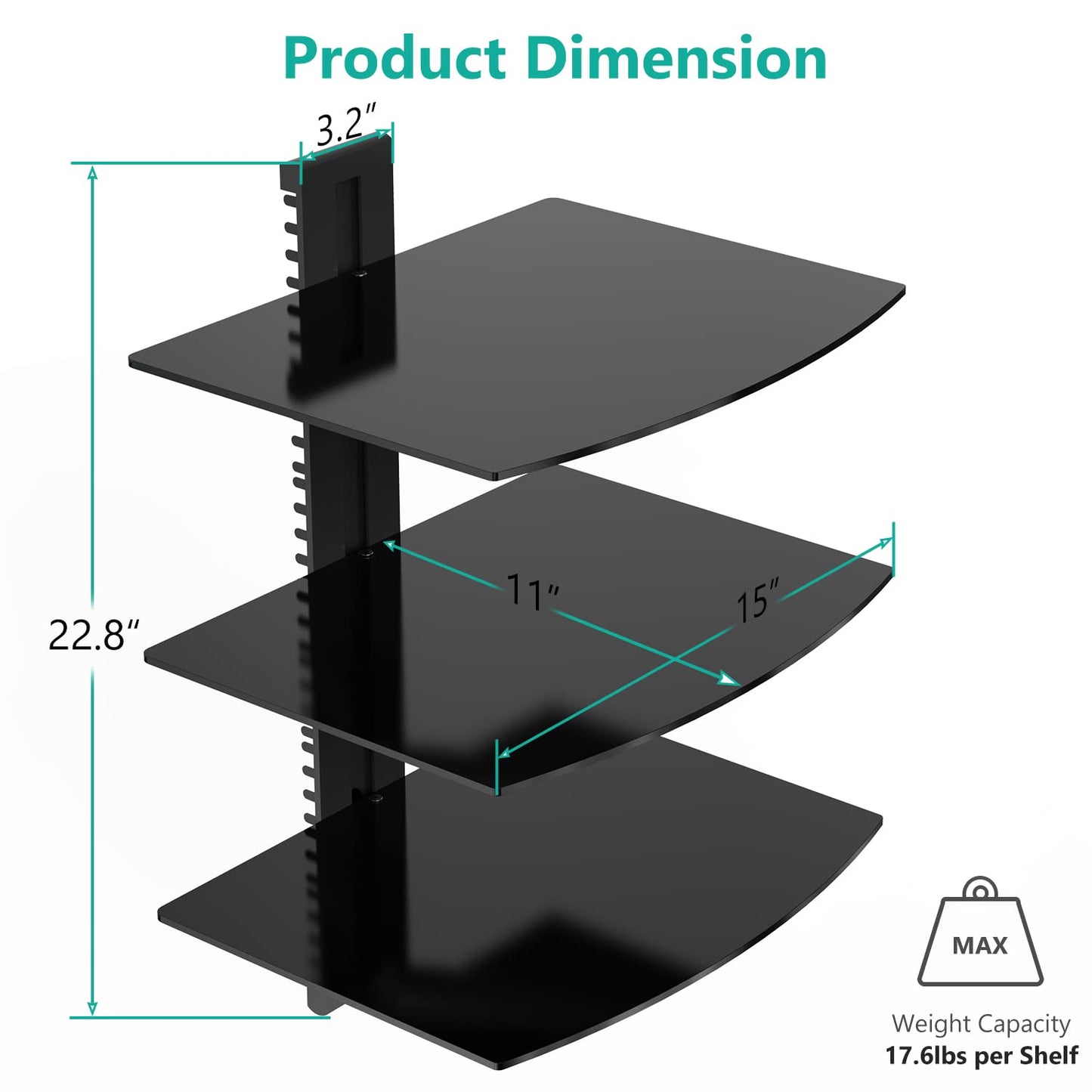 WALI Floating Entertainment Center Shelves, Holds Up to 17.6lbs, TV Shelf with Strengthened Tempered Glasses for DVD Players, Cable Boxes, Games Consoles, TV Accessories (CS303B), 3 Shelf, Black