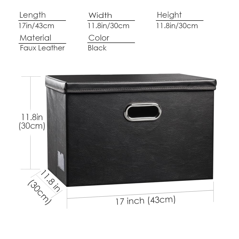 Large Collapsible Storage Bin with Lid [1-Pack] Leather Fabric Foldable Storage Box Organizer Containes Basket Cube with Cover for Home Bedroom Closet Office Nursery Black (17.7x11.8x11.8)