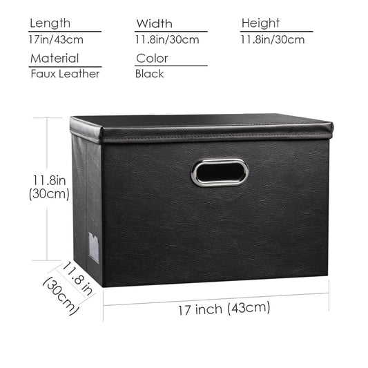 Large Collapsible Storage Bin with Lid [1-Pack] Leather Fabric Foldable Storage Box Organizer Containes Basket Cube with Cover for Home Bedroom Closet Office Nursery Black (17.7x11.8x11.8)