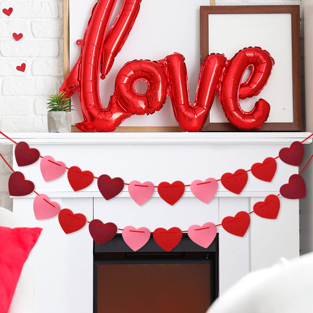 Valentines Day Decorations, Pre-Strung Felt Heart Garland for Mantle, Wall, Party Decorations, Hanging Hearts Decorations for Valentines Day Decor - 6 Strips of Valentine's Day Banner