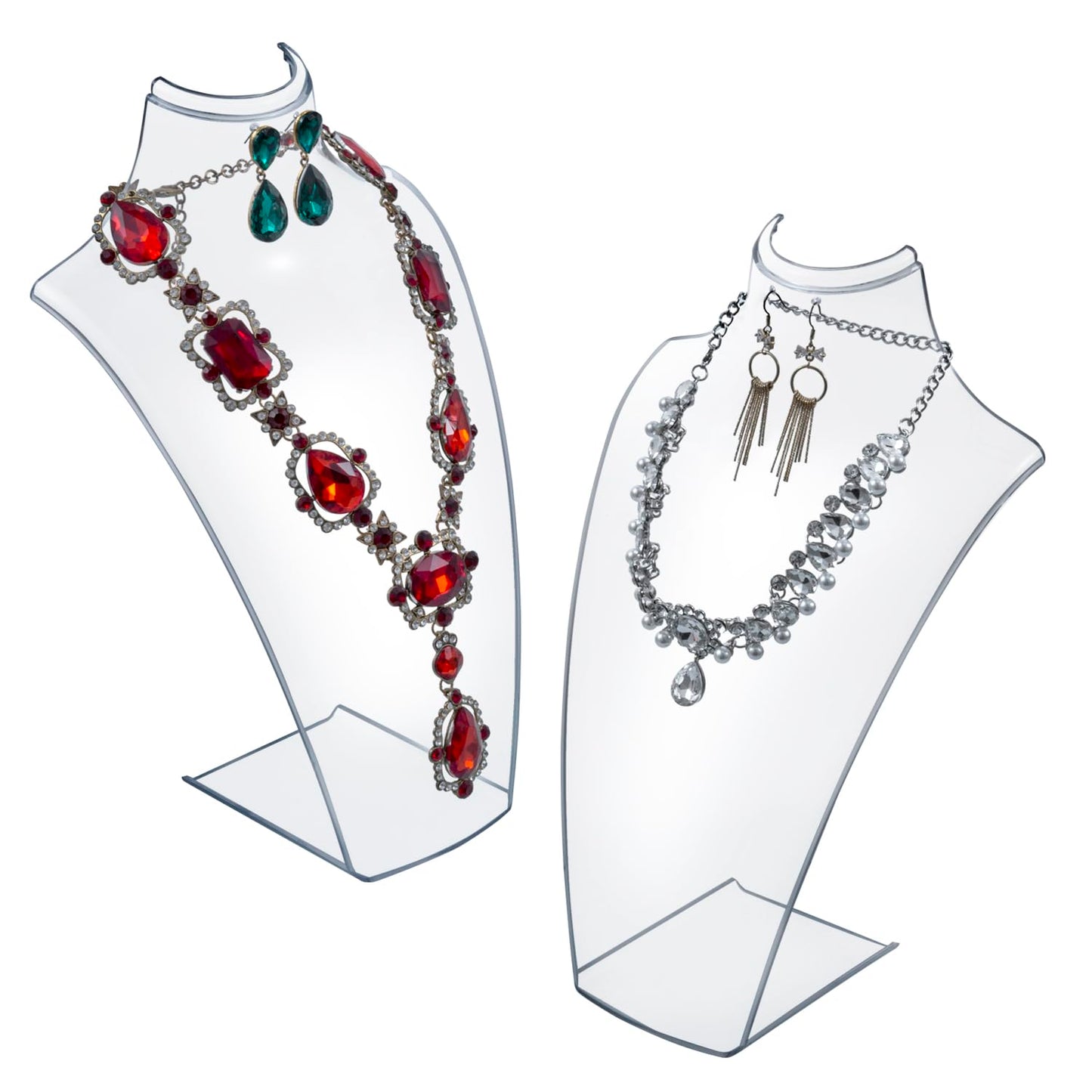 MyGift 12 Inch Clear Acrylic Necklace and Earring 3D Bust Jewelry Display Stand, Tabletop Neck Form Base Chain Holder for Home or Retail Showcase, Set of 2