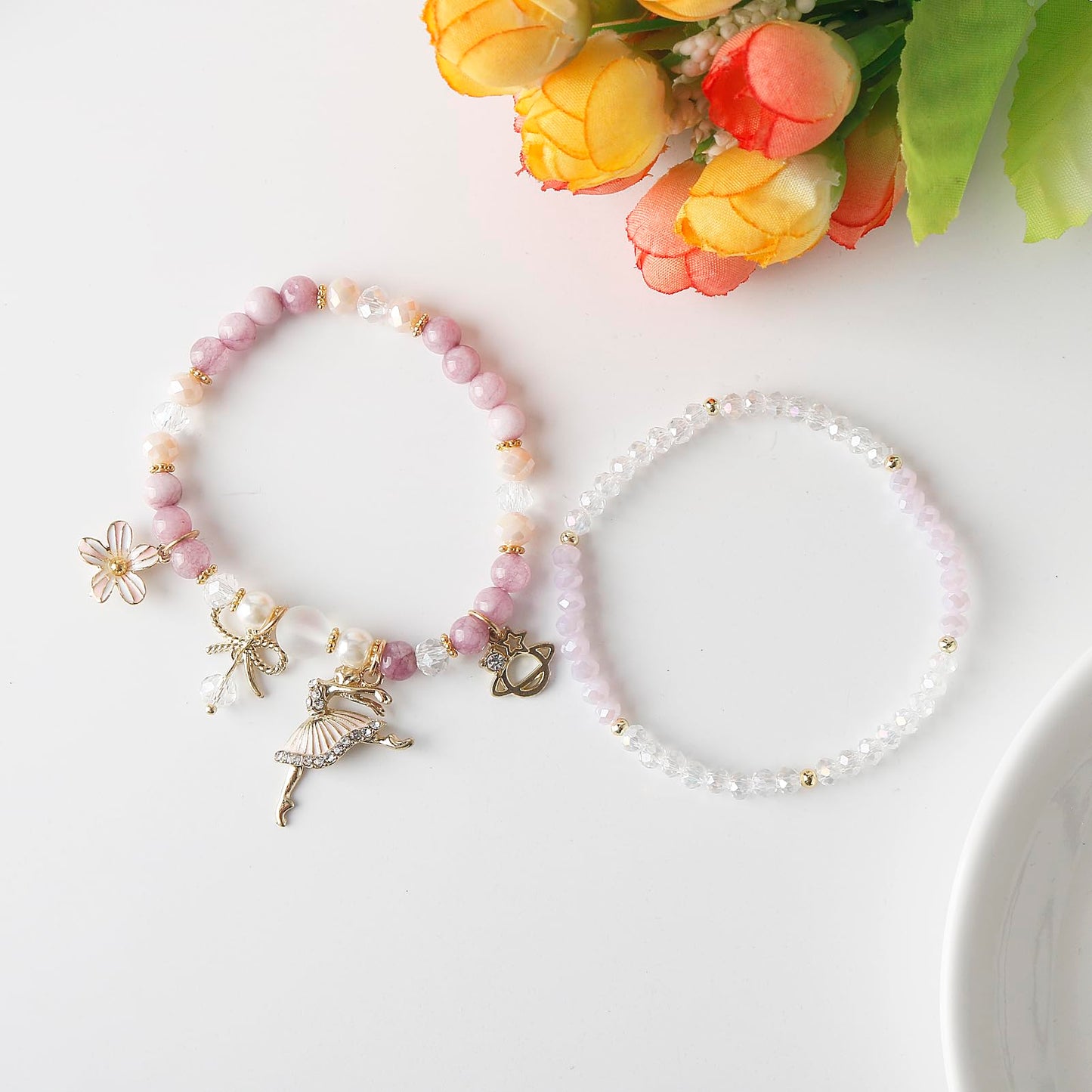 DS 4PCS Beaded Charm Bracelets for Teen Girls Dainty cute cartoon Crystal Beads Pearl Bracelets anklets set for woman and girls Adjustable Stretch bracelet birthday Gift For Friends Dancing Girl