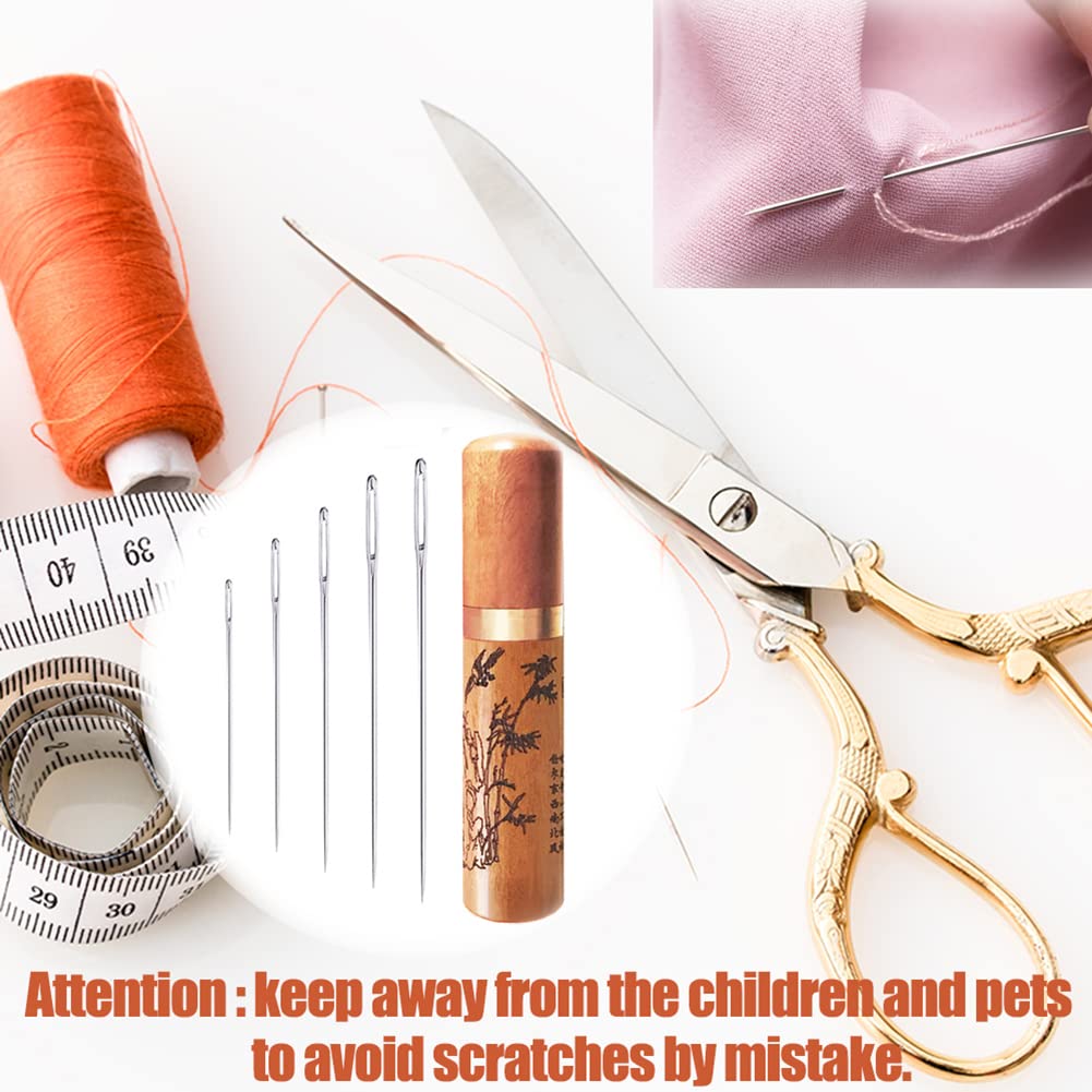 Large Eye Sewing Needles, Embroidery Needles, Stainless Steel, 50 Pieces Sharp Needles with Wooden Needle Case Carving Pattern