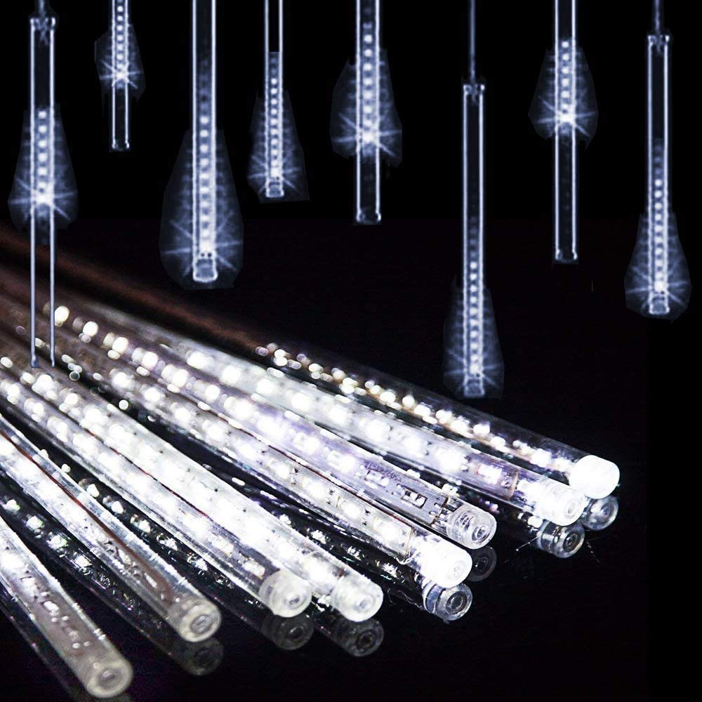 Christmas Lights Outdoor UL Certified Meteor Shower Lights 12 Inch 8 Tubes 192 LED Falling Rain Drop Icicle Snow Cascading Light for Xmas Tree Wedding Party Garden Decoration, White
