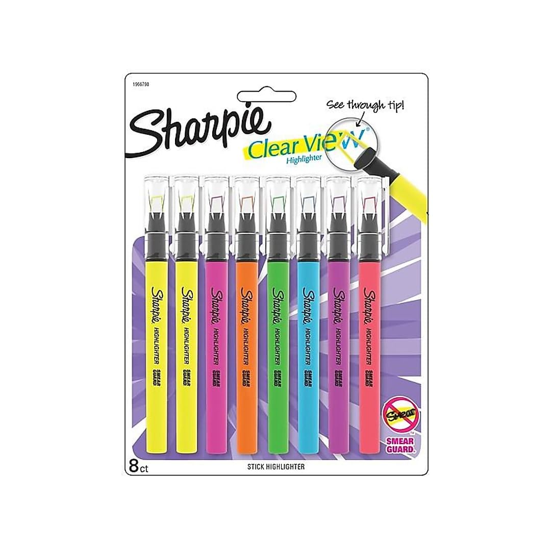 Sharpie Clear View Highlighter Sticks, Chisel Tip, Assorted Fluorescent, 8 Count - School, Home, and Office Use, Teacher Supplies