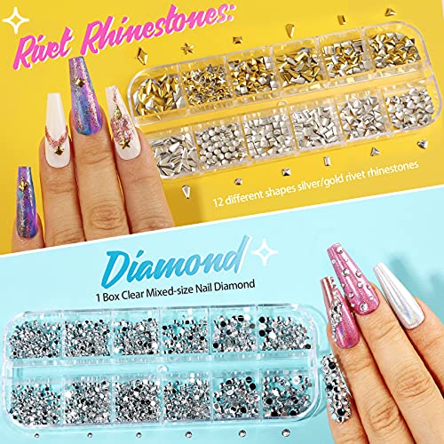 Teenitor Rhinestones for Nails, 5 Boxes Nail Art Rhinestones 36 Boxes Nail Flakes, Nail Gems Stone Nail Design Kit, Nail Rhinestones for Nail Art Nail Accessories