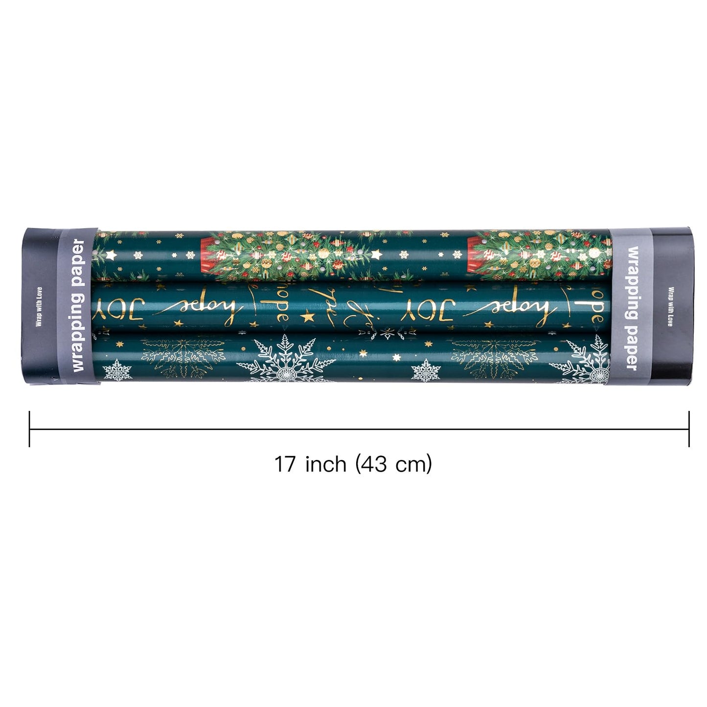 Christmas Wrapping Paper Roll - Mini Roll - 3 Rolls - 17 Inch x 120 Inch Per Roll - Green Christmas Tree and Snowflake Holiday Design with Metallic Foil Shine