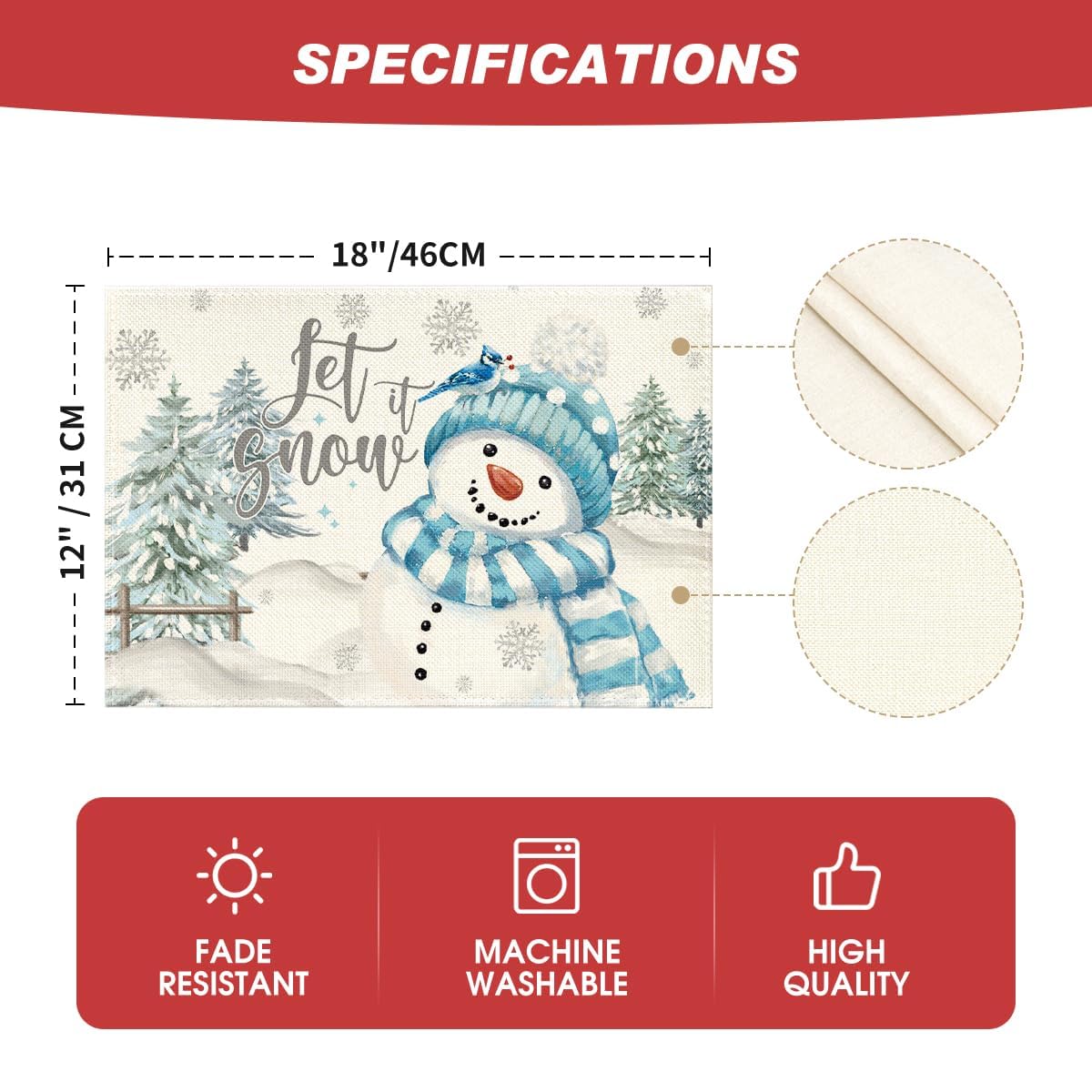 Xmas Trees Let It Snow Blue Snowman Christmas Placemats Set of 4, 12x18 Inch Winter Table Mats for Party Kitchen Dining Decoration