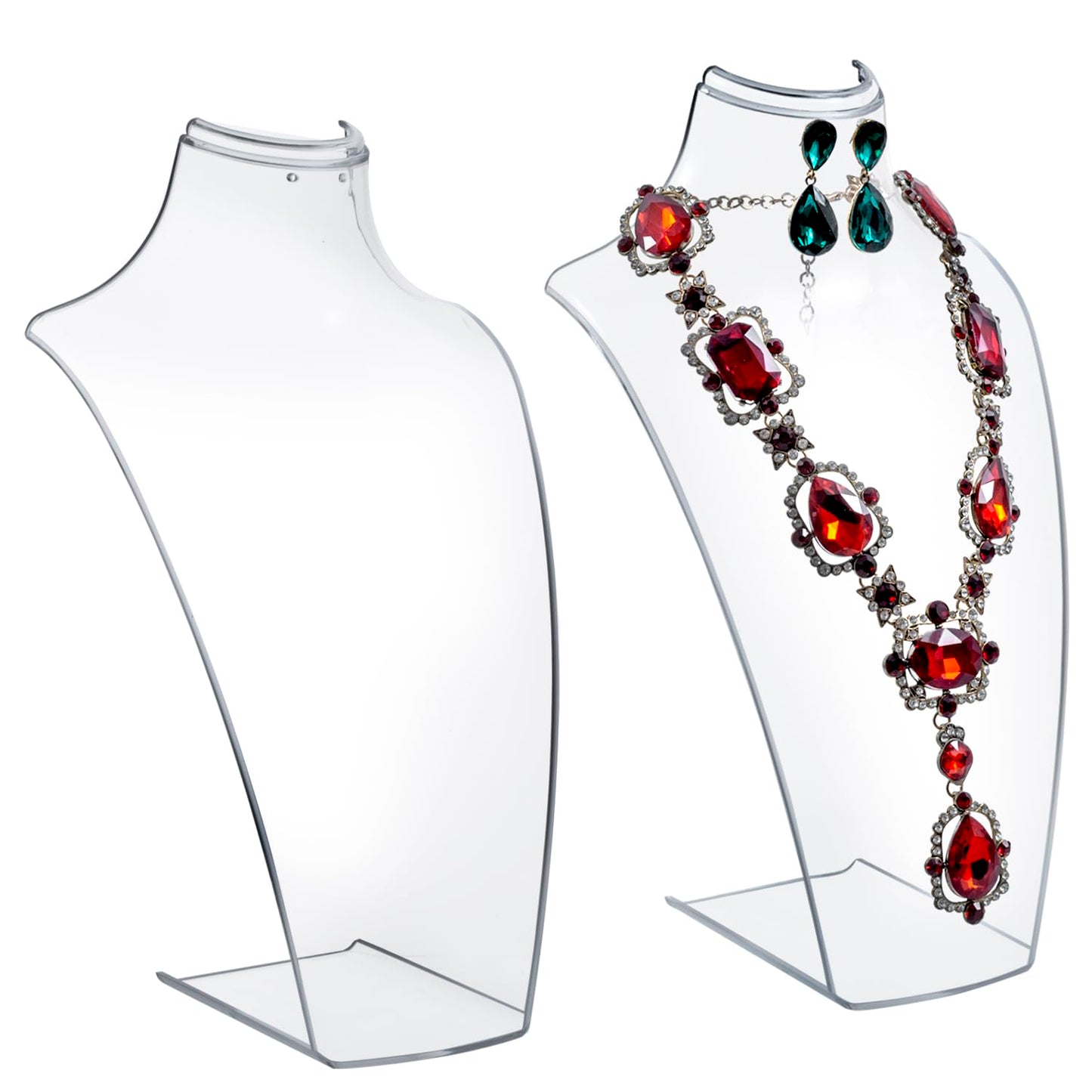 MyGift 12 Inch Clear Acrylic Necklace and Earring 3D Bust Jewelry Display Stand, Tabletop Neck Form Base Chain Holder for Home or Retail Showcase, Set of 2