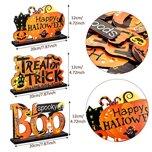 Blulu 3 Happy Halloween Table Decorations, Pumpkin Table Centerpieces Boo Sign Wooden Candy Day for Halloween Party Dinner Coffee Table Topper Tier Tray Room Decor, 7.87 x 4.72 Inch