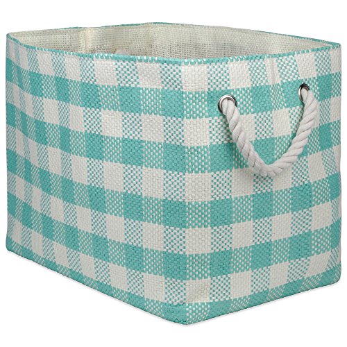 DII Woven Paper Storage Bin, Checkers, Aqua, Medium Rectangle