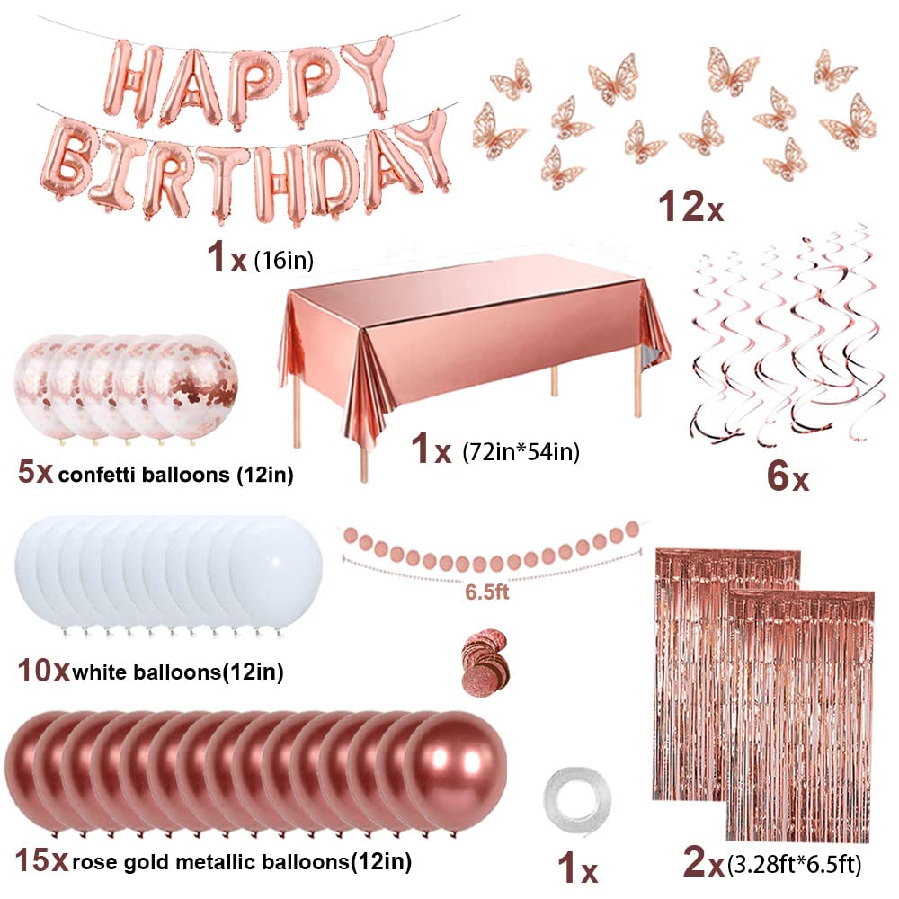 Rose Gold Happy Birthday Party Decorations for Women Girls, Happy Birthday Banner for Her, Fringe Curtains, Foil Tablecloth, Confetti Balloons, Butterfly Decor for 13th 16th 18th 21st 30th 40th 50th