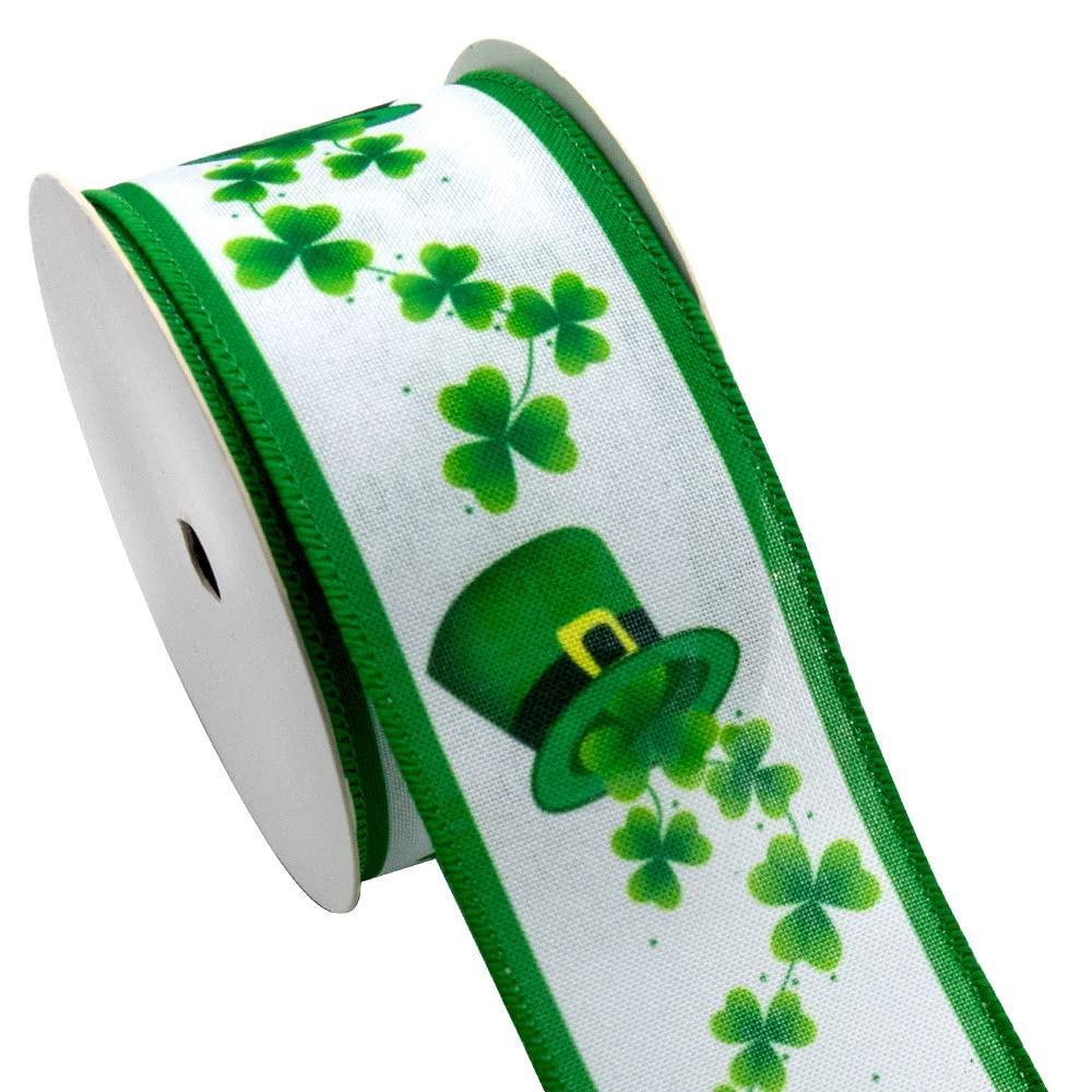 St Patrick's Day Ribbons 2.5" 10 Yards, Green White Wired Edge Burlap Ribbon Green Shamrock Hat Wrapping Ribbon for St Patrick's Day Birthday Party Wrapping DIY Craft Decoration Wreaths Bow