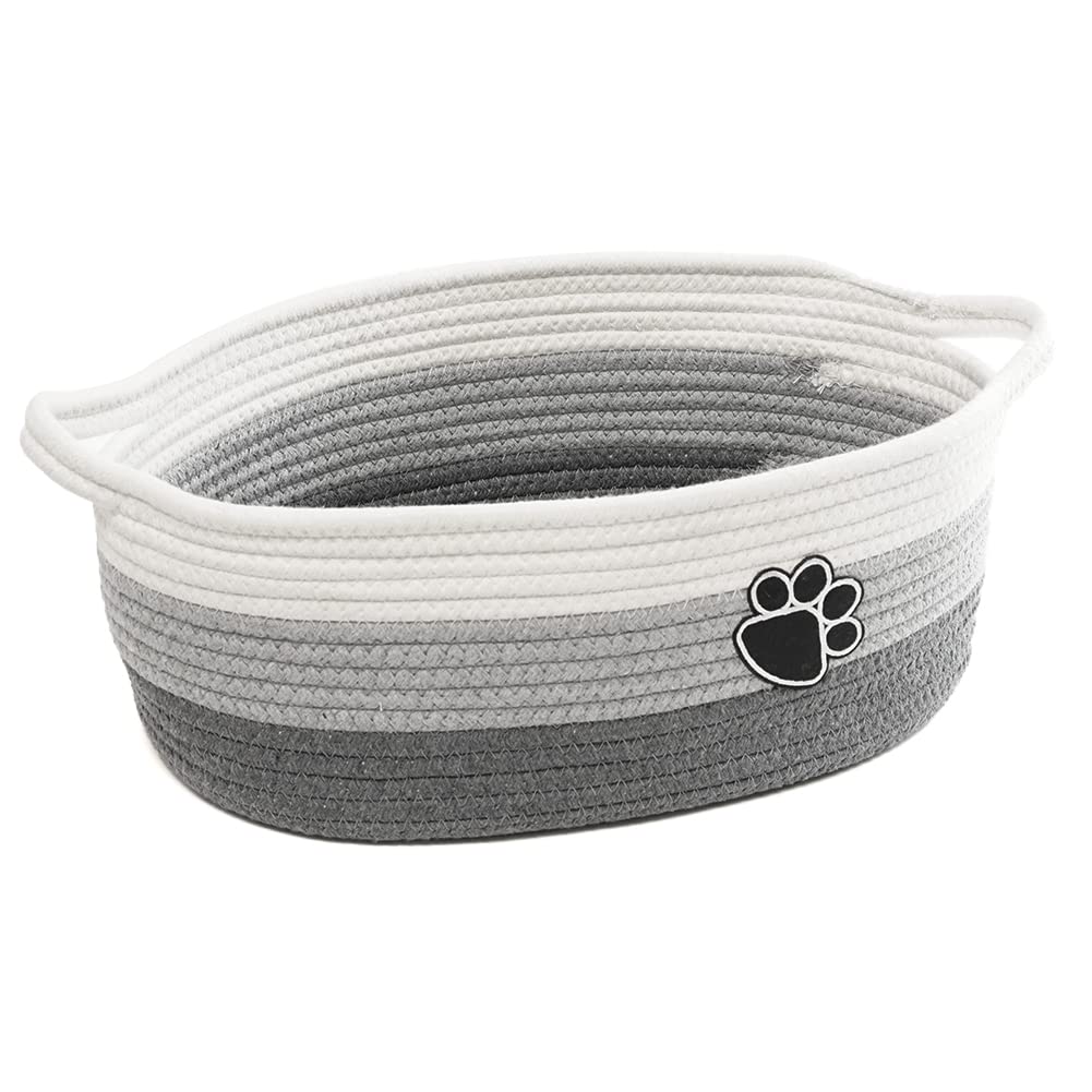 Small Woven Baskets for Organizing Rope Storage Basket with Handle Cute Cotton Basket for Nursery Gift Dog Toy Storage Bins for Toy Organizer Grey-white