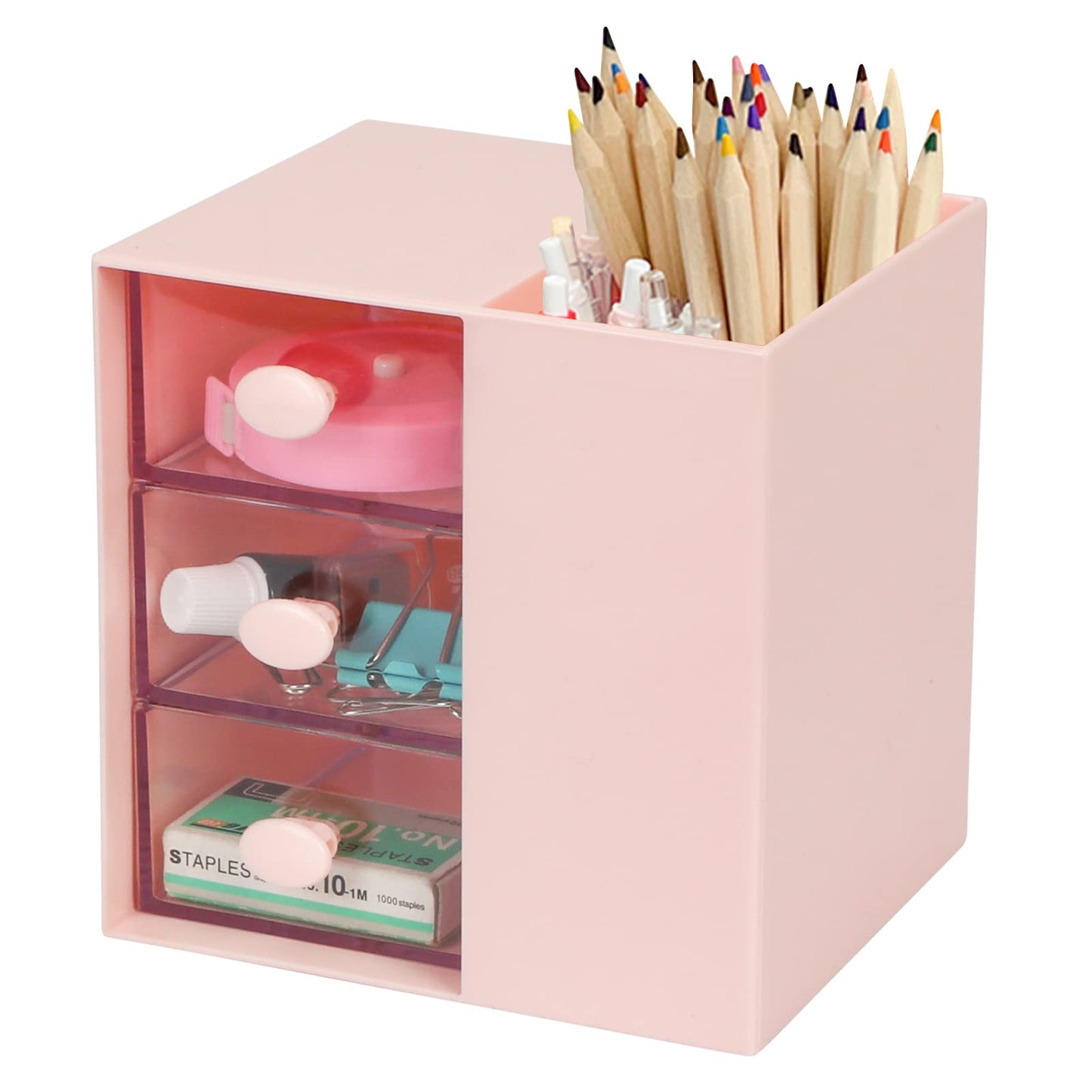 Toplive Desk Pencil Pen Holder, Office Desk Organizers Desktop Storage Pen Organizers with 3 Independent Drawers Stationery Supplies for Office,School,Home,Pink