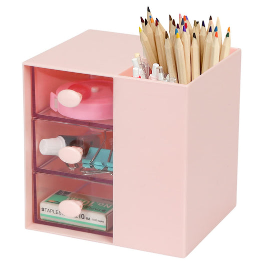 Toplive Desk Pencil Pen Holder, Office Desk Organizers Desktop Storage Pen Organizers with 3 Independent Drawers Stationery Supplies for Office,School,Home,Pink