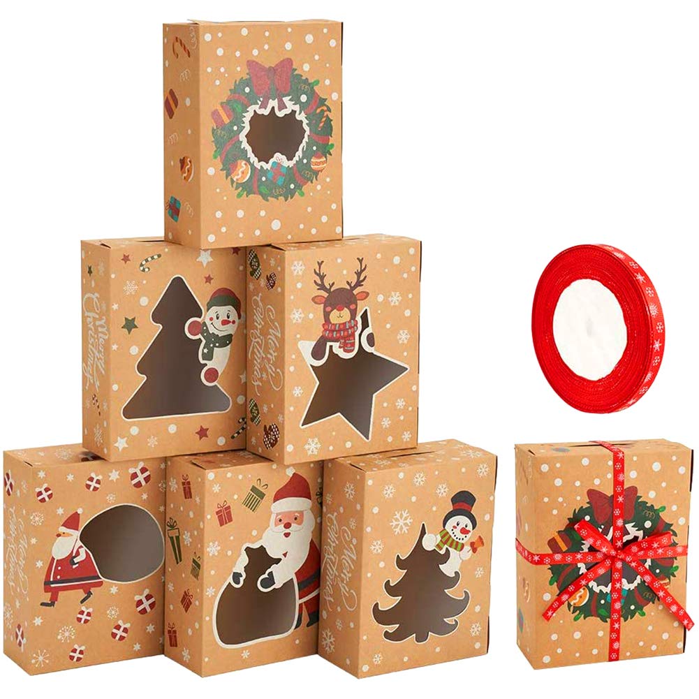 CCINEE Christmas Cookie Boxes,Kraft Treat Box with Window Ribbons for Bakery Candy Gift Giving Supplies,Pack of 12