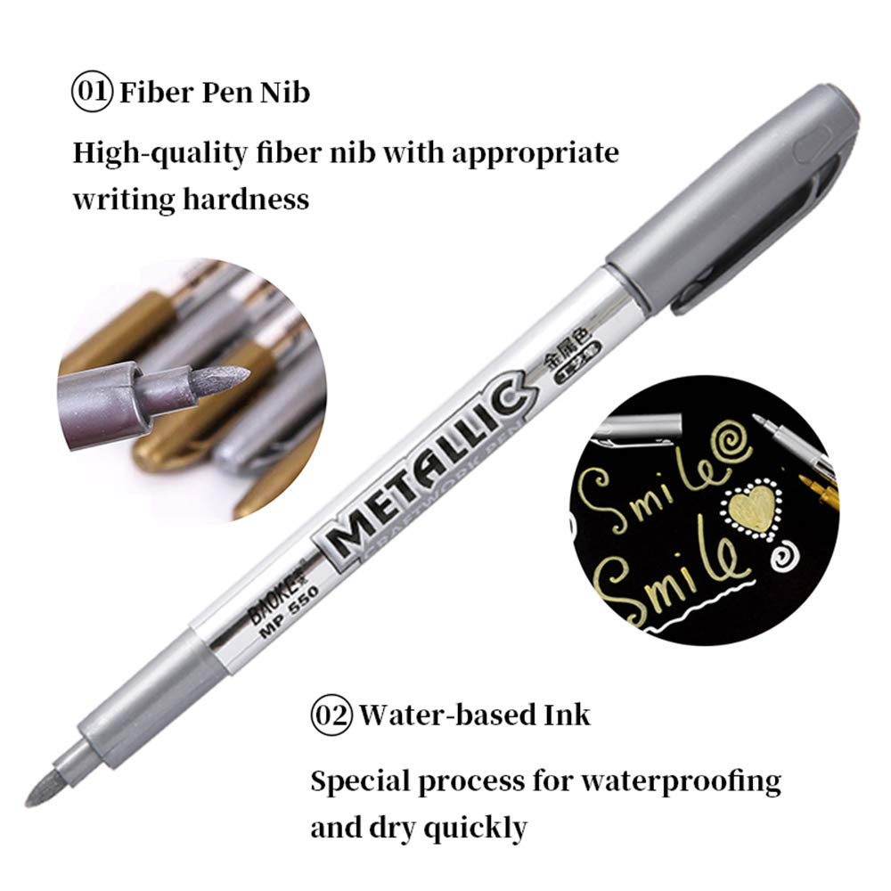 MYARTOOL Metallic Marker Pens, Gold and Silver Metallic Permanent Markers for Artist Illustration, Crafts, Gift Card Making, Scrapbooking, Fabric, DIY Photo Album, Value Set of 8