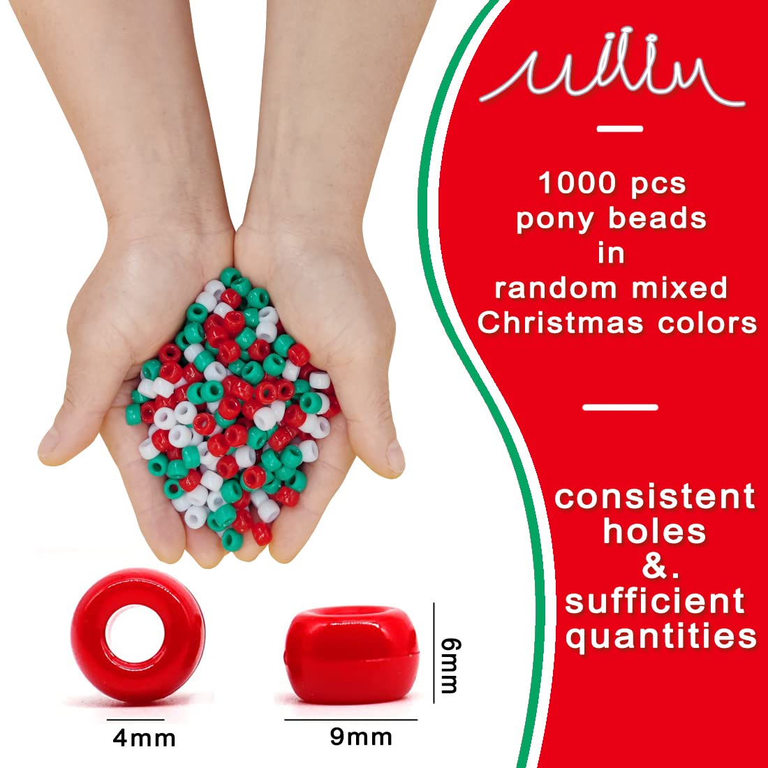 MIIIM 1000PCS 6x9mm Pony Beads Bulk for Christmas, Bracelets Making Kit, Kandi, Hair Braids, Craft Jewelry Making (Christmas)