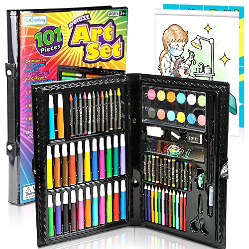 ArtCreativity Deluxe Art Kit For Kids Art Set- Beginners Supplies 101 Piece Artist Drawing Painting Kit with Coloring Book, Art And Craft Gift Set for Boys, Girls, Ages 6 7 8 9 10 11 12