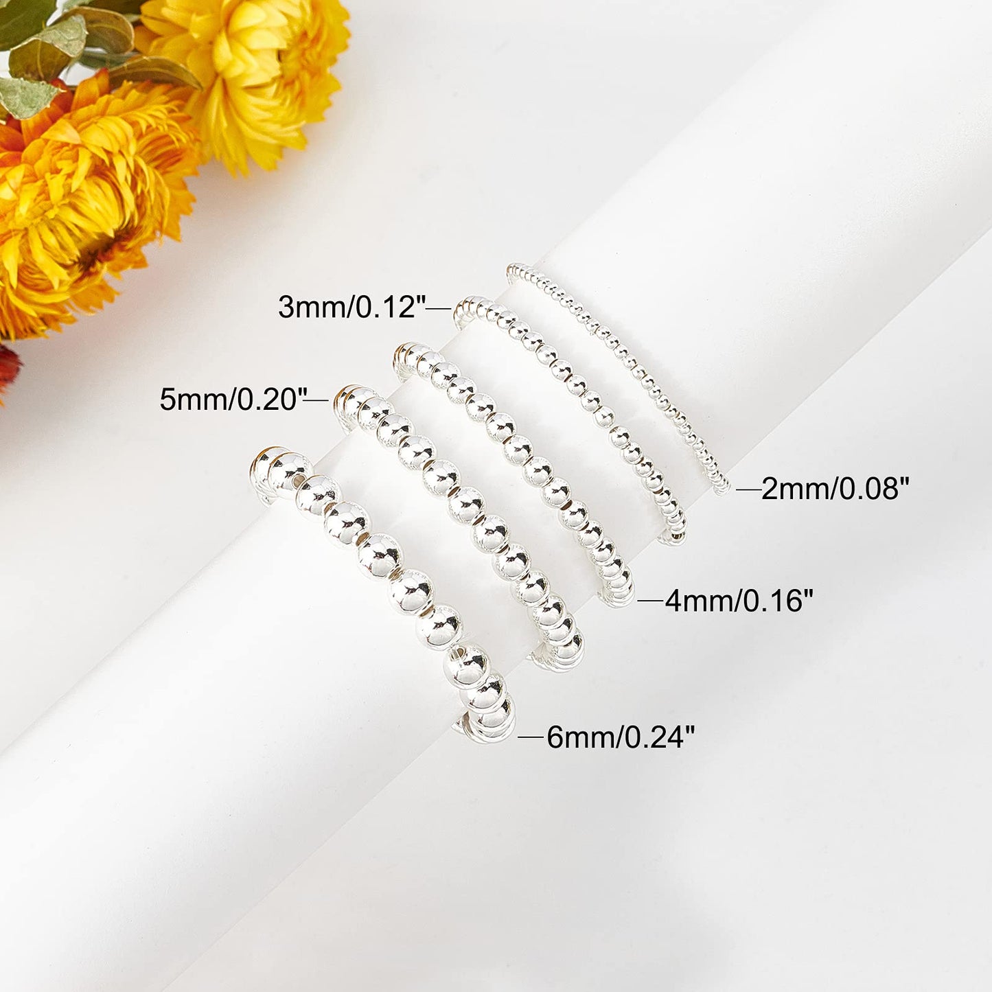 5 Sizes Smooth Round Beads, 300pcs 14K Silver Plated Beads Little Round Beads Seamless Ball Beads Long-Lasting Spacers for Hawaii Layered Bracelet Necklace Jewelry DIY Crafts 2/3/4/5/6mm