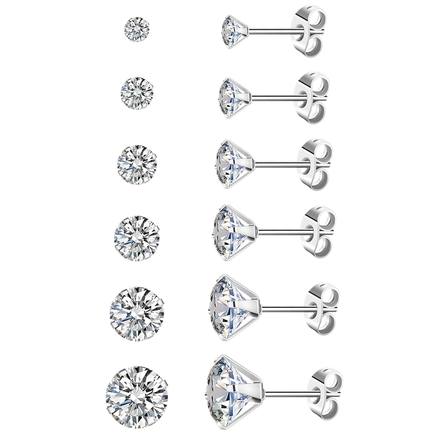 6 Pairs Stud Earrings for Women,Hypoallergenic Cubic Zirconia 316L Earrings Stainless Steel CZ for Women 3-8mm