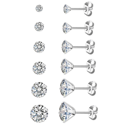 6 Pairs Stud Earrings for Women,Hypoallergenic Cubic Zirconia 316L Earrings Stainless Steel CZ for Women 3-8mm