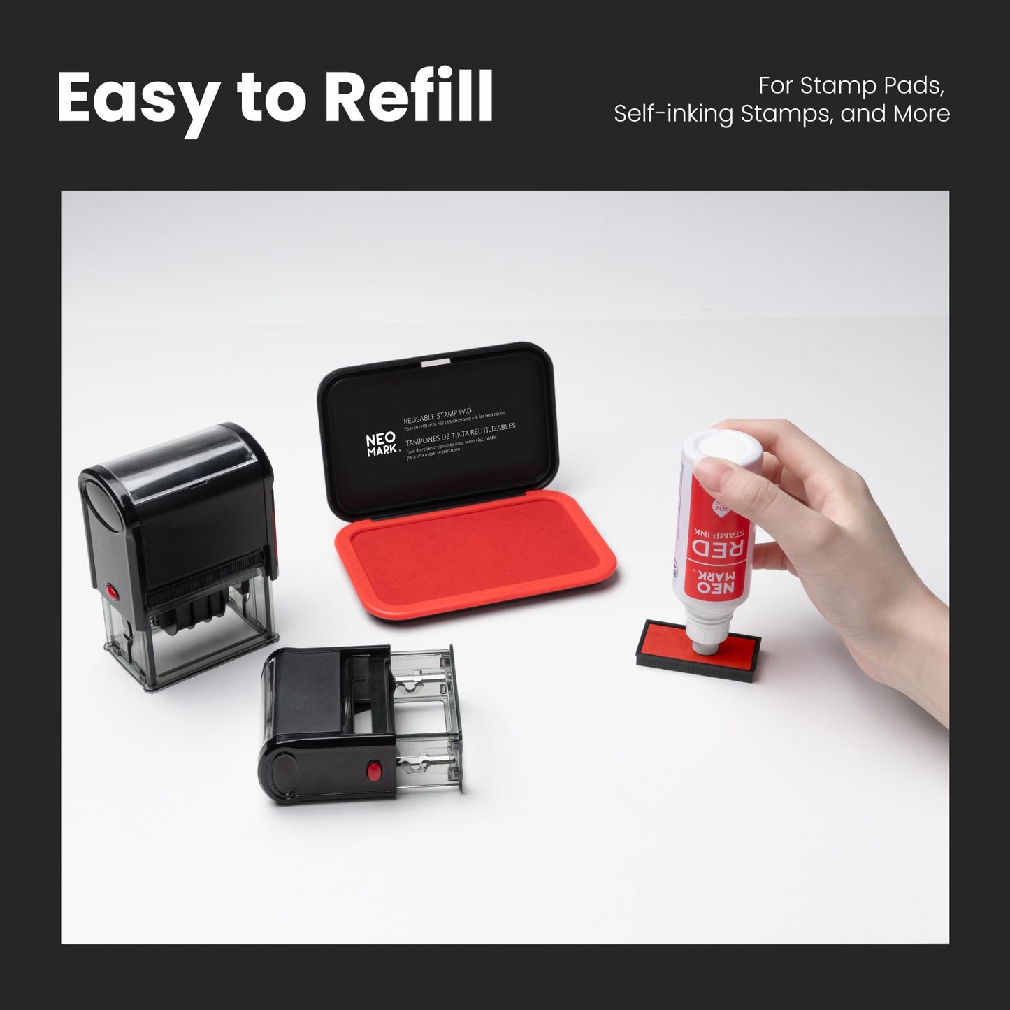 NEO MARK Premium Stamp Ink, Quick-Drying & AP-Certified Non-Toxic Refill Ink for Self-Inking Stamps, Date Stamps and Stamp Pads (Red, 2oz)