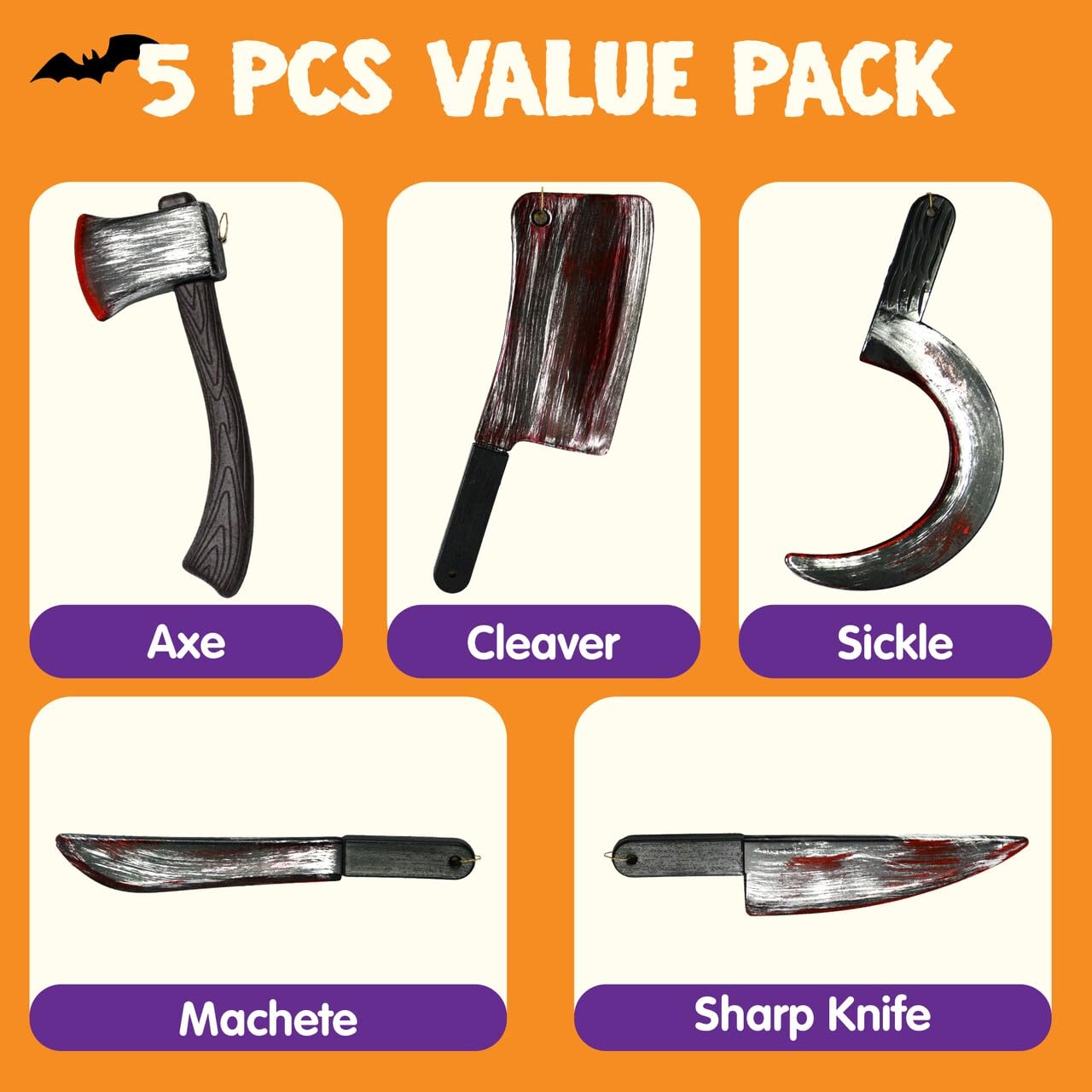JOYIN 5 Pcs Knife Weapons Halloween Decorations Outdoor Indoor Toys Home Decor Haunted House Fake Blood, Machete Axe Cleaver Sickle