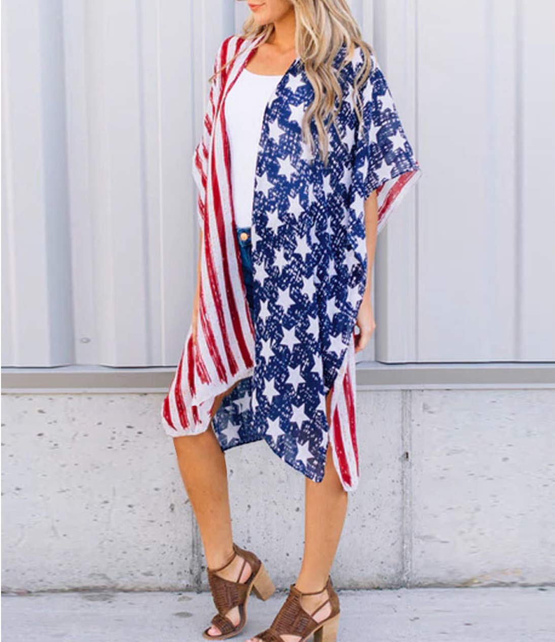 Askwind 4th of July Women's American Flag Print Kimono Cover Up Tops Shirt (A2)
