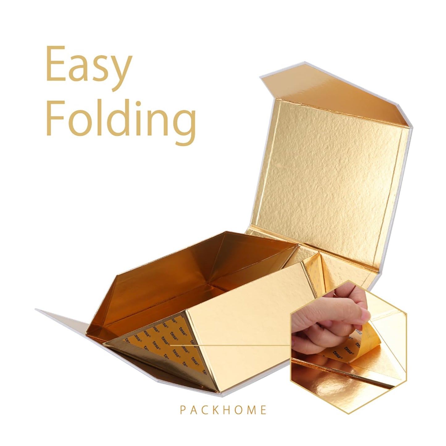 PACKHOME Christmas Gift Box with Lid 9x6.5x3.8 Inches, Rectangle Collapsible Box with Magnetic Lid for Gift Packaging (Gold Snowflake Pattern)