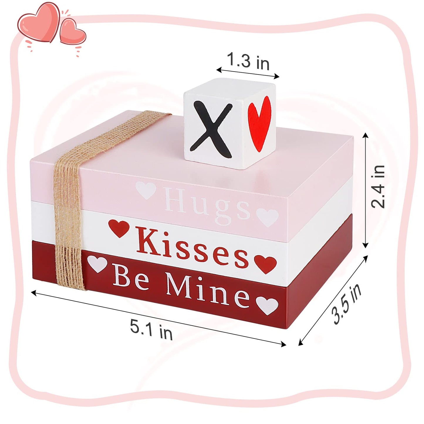 Valentines Day Decor, Wooden Book Stack with 4 XOXO Signs - Valentines Day Decorations for The Home, Tiered Tray, Coffee Table, Fireplace Mantel, Shelf