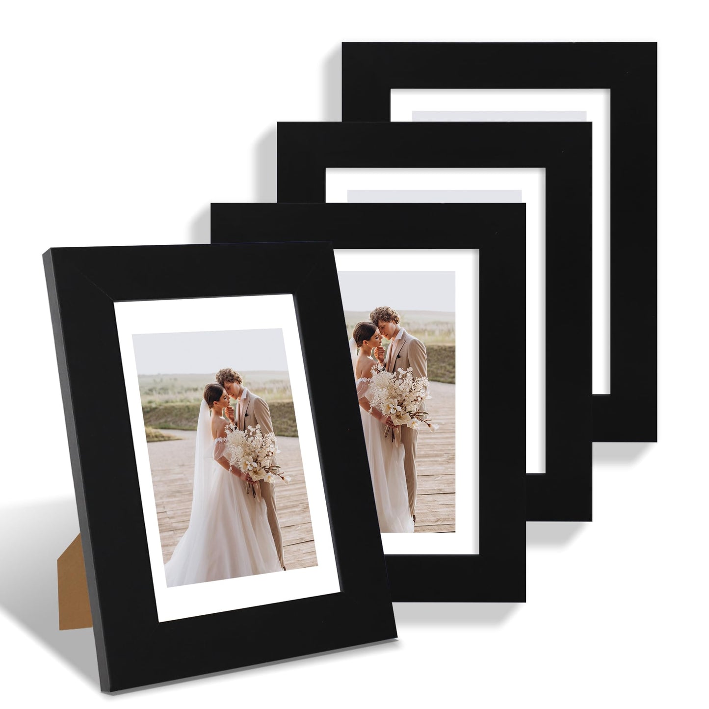 Hongkee 5x7 Picture Frame Set of 4, Made of Real Glass and Black Wooden Frame, 5 by 7 Photo for Wall or Tabletop - Display Picture 4x6 with Mat or 5x7 Without Mat